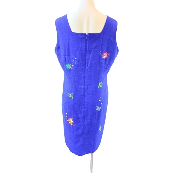 Cobalt Blue Linen Blend Fish Embroidered Shift Dress Coastal 16P - Picture 5 of 11